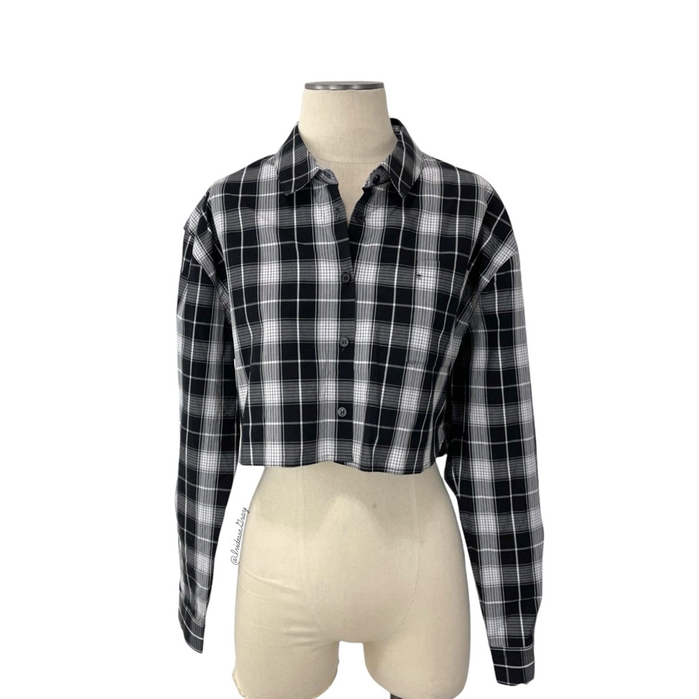 Superdown- Bobbi Black White Crop Plaid Shirt M